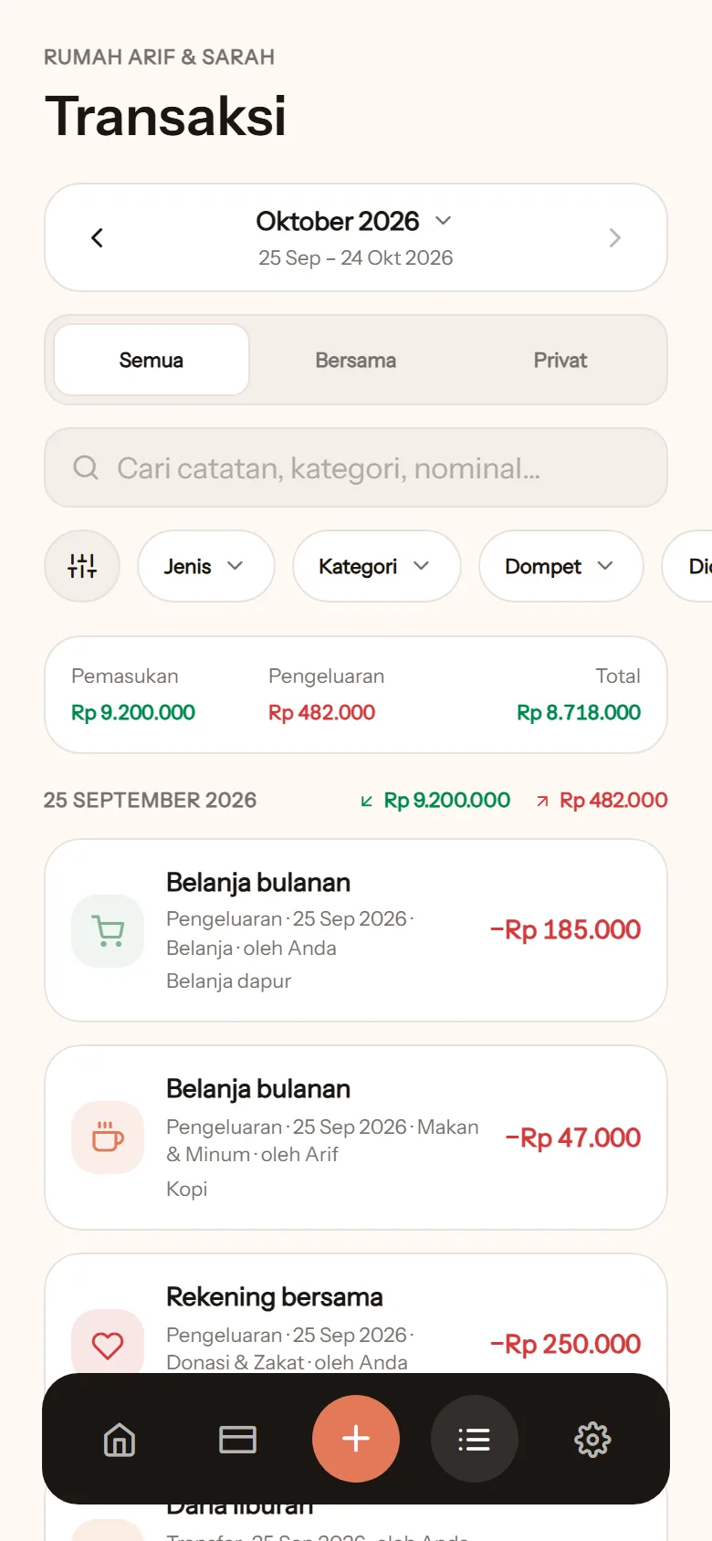 Tab Transaksi: periode Oktober 2026, filter Semua, Bersama, Privat, kolom cari, filter Jenis, Kategori, Dompet, dan total pemasukan serta pengeluaran