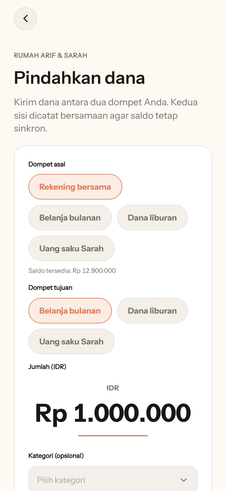 Layar Pindahkan dana: dari Rekening bersama ke Belanja bulanan, jumlah Rp1.000.000