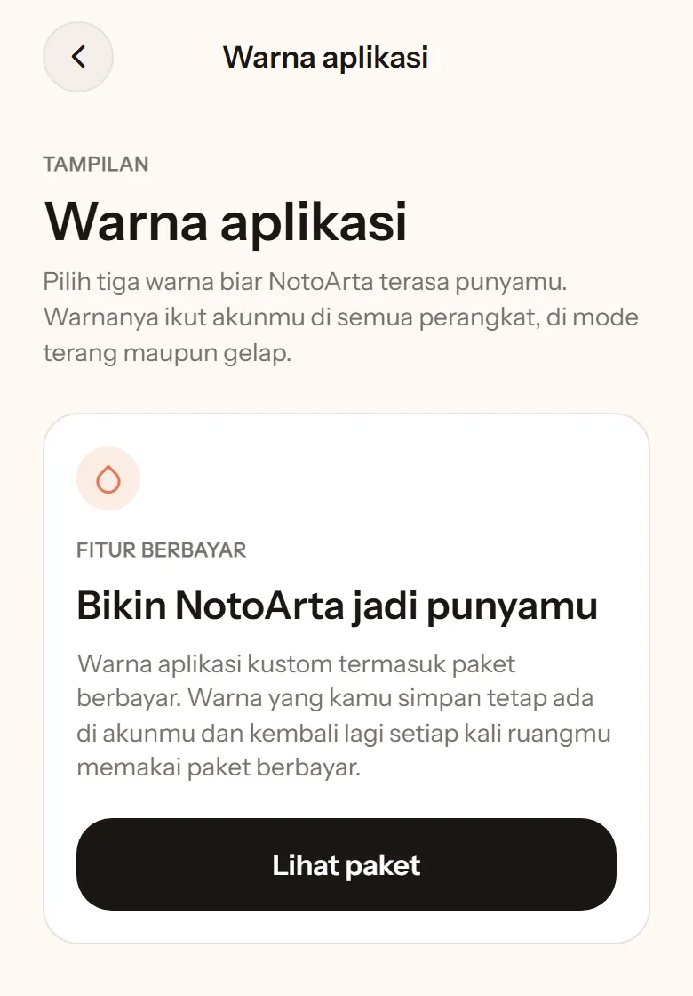 Layar Warna aplikasi di paket gratis: penjelasan fitur berbayar Bikin NotoArta jadi punyamu dan tombol Lihat paket