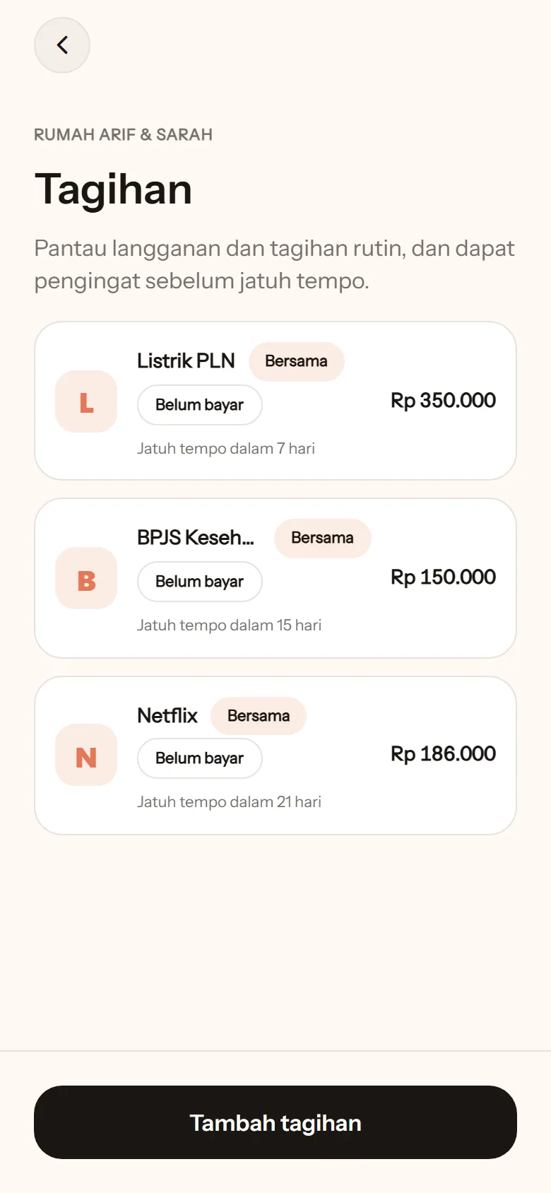 Layar Tagihan: Listrik PLN, BPJS Kesehatan, Netflix, semua bersama, dengan tanggal jatuh tempo